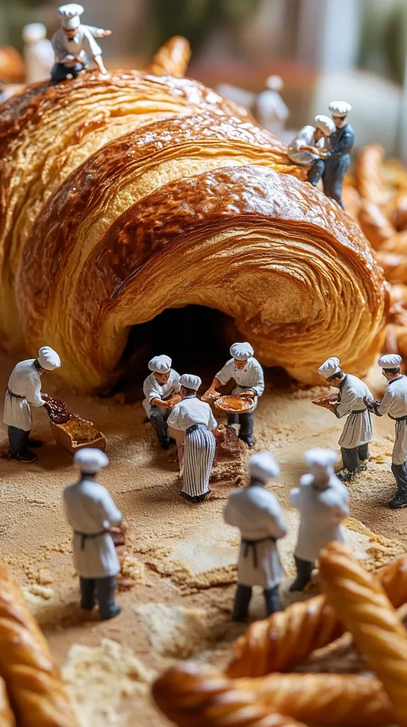 Miniature bakers, clad in white chef's uniforms, work diligently around a colossal croissant.  Some scale the pastry's golden-brown surface, while others inside the cavernous interior mix ingredients.  Smaller pastries and breadsticks surround the scene, creating a whimsical, bread-filled landscape. The image evokes a playful sense of scale and industriousness.