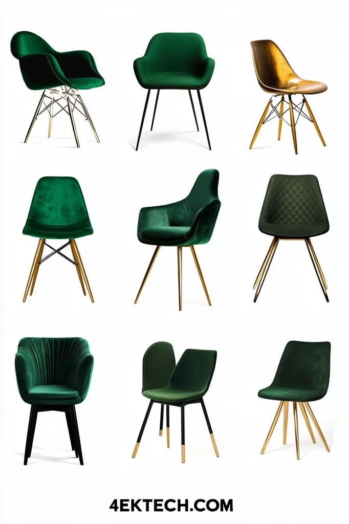 A collage showcases nine emerald green velvet chairs, each with a unique design.  Styles range from classic mid-century modern to contemporary designs.  Gold or silver metallic legs accentuate the chairs, offering a variety of options for modern or eclectic interior design.  The image highlights different chair shapes and back styles, showcasing diverse options in luxurious emerald green.