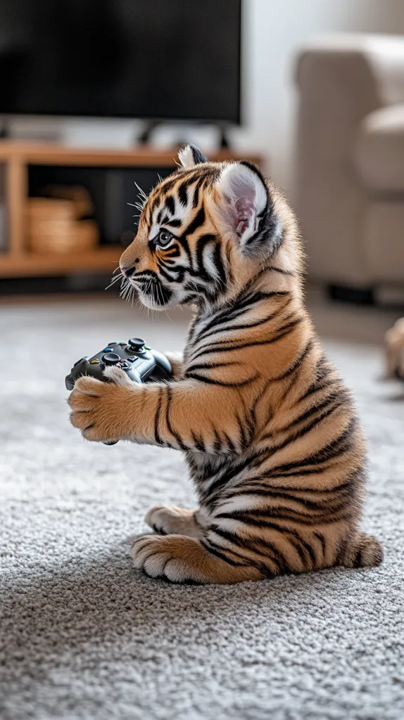 A tiny tiger cub sits on a grey carpet, intently gripping a video game controller.  Its orange and black stripes are clearly visible, and its large, expressive eyes focus on the game. The cub's small paws are wrapped around the controller, showcasing its surprising strength.  The background is blurry, showing a television and part of a living room.