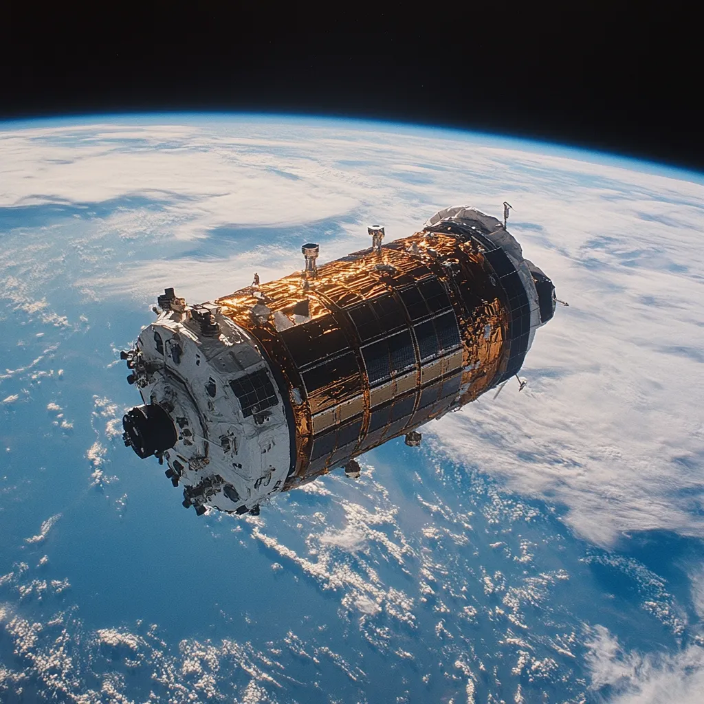 A long, cylindrical spacecraft, primarily white and gold, floats in the blackness of space above a curved Earth.  The Earth's atmosphere is visible, showcasing a blend of blue oceans and swirling white clouds. The spacecraft appears to be a module or component of a larger space station, equipped with solar panels and various technological features.  The image emphasizes the vastness of space and the relative smallness of human technology.