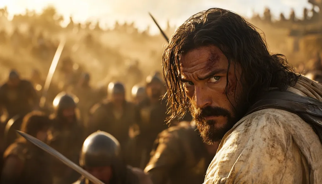 A man with long, dark hair and a beard, his face bearing battle wounds, looks over his shoulder.  He is dressed in light-colored, worn clothing, suggestive of a soldier or warrior. Behind him is a blurred but intense scene of a large battle, with numerous soldiers engaged in combat.  The overall atmosphere is one of gritty action and conflict. The sun sets, casting a warm, golden light on the scene.