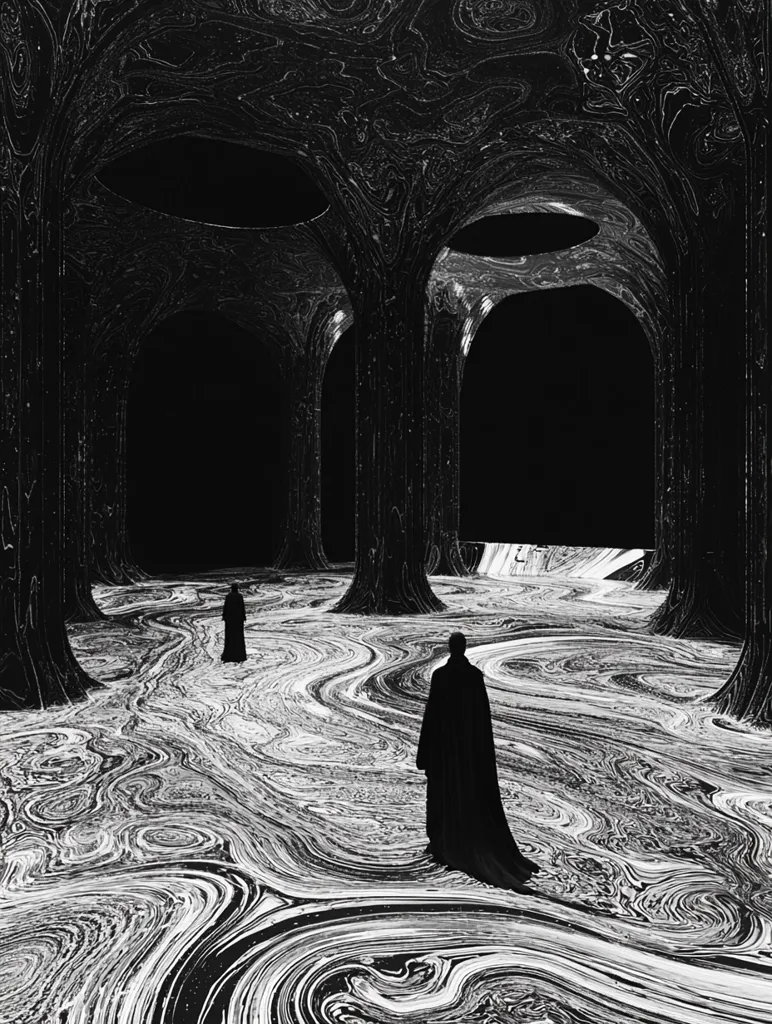 Two cloaked figures traverse a surreal, monochrome landscape.  The ground resembles swirling, viscous liquid, contrasting with the stark, arching structures that form a cavernous space.  The scene is dark and atmospheric, evoking a sense of mystery and isolation within an otherworldly environment.  The stark black and white palette enhances the dreamlike quality of the image.