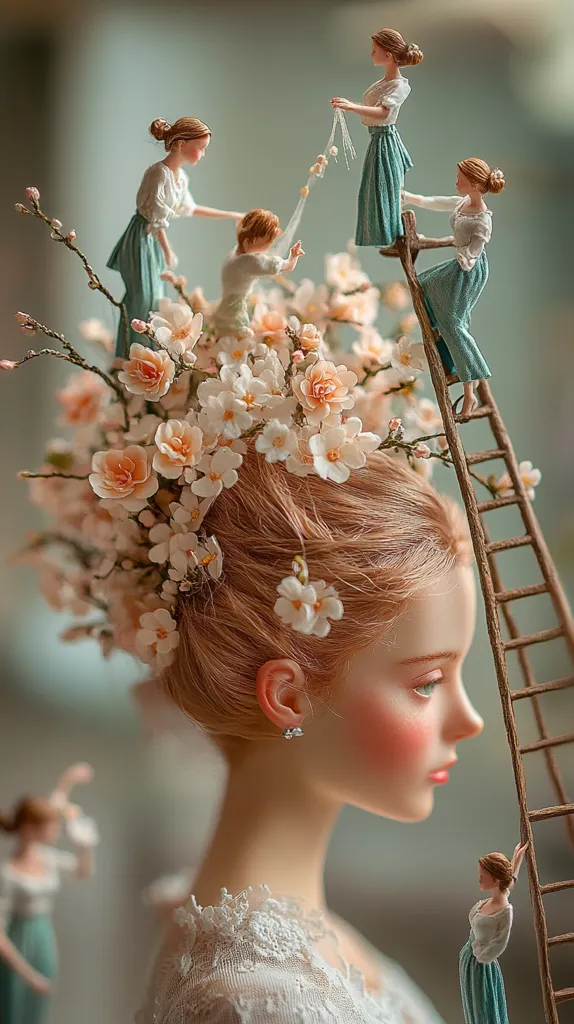 A whimsical scene depicts miniature porcelain figures adorning a woman's elaborate floral hairstyle.  Tiny women in teal dresses climb a ladder, adding blossoms to the already vibrant crown of delicate peach and white flowers. The woman's serene expression contrasts with the playful activity above, creating a surreal and dreamlike image.  The overall aesthetic is delicate and artistic, capturing a moment of fantastical beauty.
