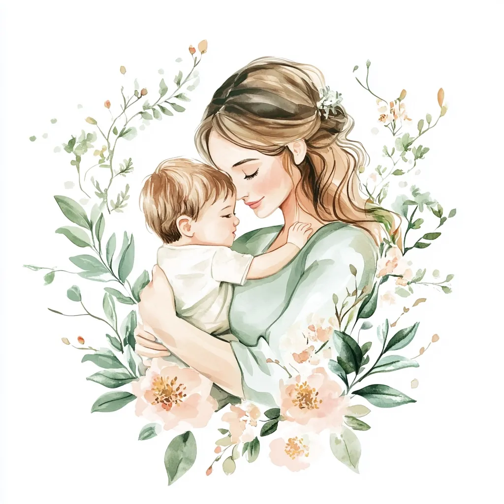 A watercolor painting depicts a tender moment between a mother and her baby.  The mother, with long brown hair styled elegantly, gently cradles her toddler.  Both have their eyes closed, suggesting a peaceful intimacy. They are surrounded by a delicate wreath of pale pink flowers and lush green leaves, enhancing the serene and loving atmosphere. The style is soft and romantic, conveying a feeling of warmth and maternal affection.