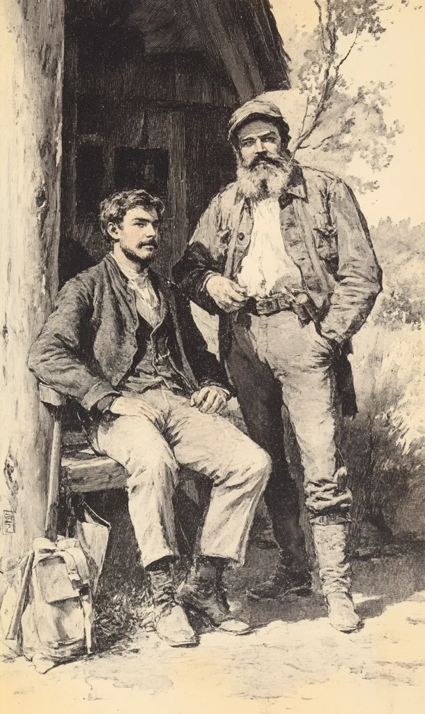 A black and white illustration depicts two men seated outdoors.  The older man, with a beard and cap, rests a hand on the shoulder of the younger, clean-shaven man.  The younger man wears a backpack. Both are dressed in rugged clothing suitable for outdoor work or travel, suggesting a rural setting. The scene conveys a sense of camaraderie and possibly shared experience.  The style is reminiscent of 19th-century woodcuts or engravings.
