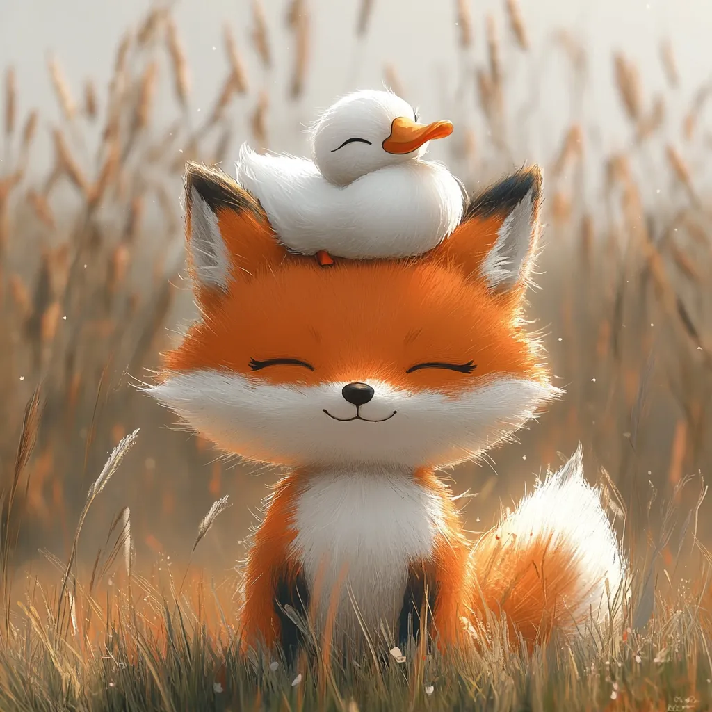 An adorable illustration features a fluffy orange fox with its eyes closed in contentment.  A small, white duckling rests peacefully atop its head.  The scene is set in a field of tall, golden grass bathed in soft, warm light, creating a serene and heartwarming image. The fox and duckling appear to share a tender bond.