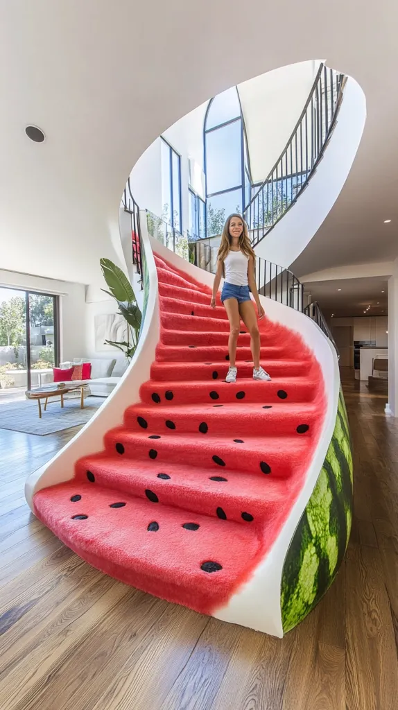 A young girl ascends a whimsical, curved staircase designed to resemble a giant watermelon.  The stairs are carpeted in a vibrant red with black seeds, and the white banister curves organically.  The staircase is a striking feature in a modern home with hardwood floors and large windows, creating a playful and unexpected interior design element.
