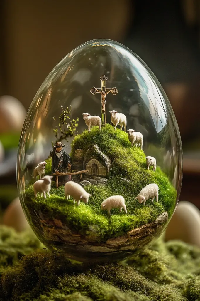A miniature diorama inside a glass egg depicts a shepherd tending his flock of sheep on a mossy hillside. A small crucifix stands prominently in the scene. The detailed craftsmanship creates a serene and evocative portrayal, possibly symbolizing faith and pastoral life.  The overall effect is a charming and artistic piece.