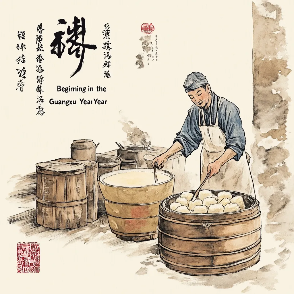 A watercolor-style illustration depicts a man in traditional Chinese attire skillfully preparing food.  He uses wooden tools to work with a large vat of what appears to be a milky substance and smaller wooden barrels filled with formed food items.  The scene evokes a historical or nostalgic setting, with the words "Beginning in the Guangxu Year Year" suggesting a specific timeframe.  The overall style is reminiscent of classic Chinese art.