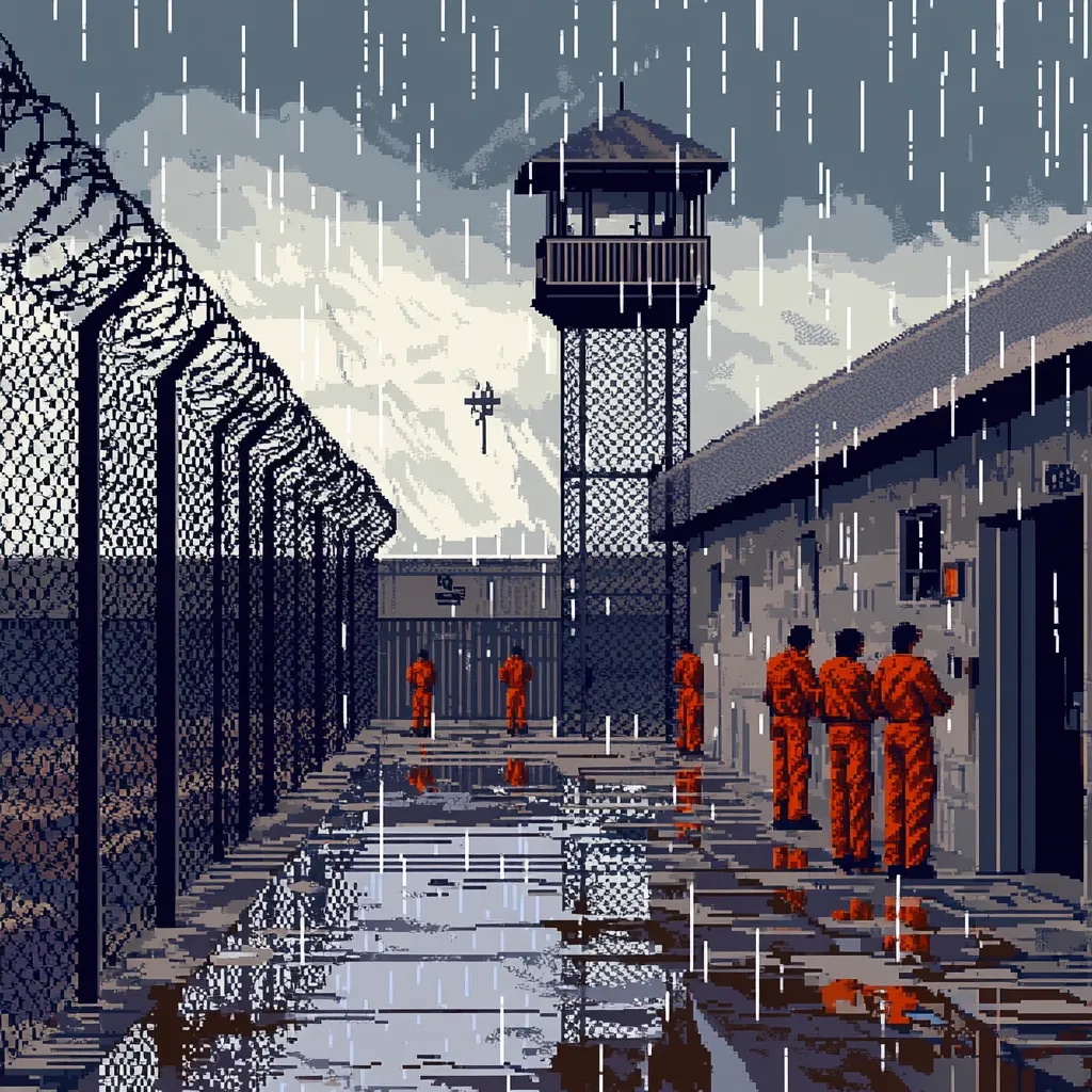 A pixel art depiction of a prison yard during a heavy rainstorm.  Inmates in orange jumpsuits stand near a guard tower under a deluge.  A high fence with barbed wire encloses the area, reflecting the rain in numerous puddles on the wet ground. The scene evokes a somber and bleak atmosphere.  The overall style is reminiscent of 8-bit video games.