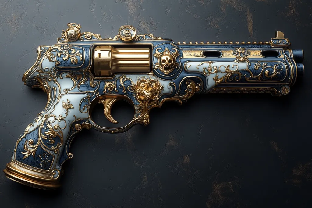 A meticulously crafted revolver, adorned in opulent detail.  Its frame is a striking contrast of dark blue and off-white, lavishly embellished with gold filigree in a baroque style.  Intricate floral patterns and skull motifs accentuate the firearm's luxurious and slightly macabre aesthetic. The revolver rests on a dark, textured surface.