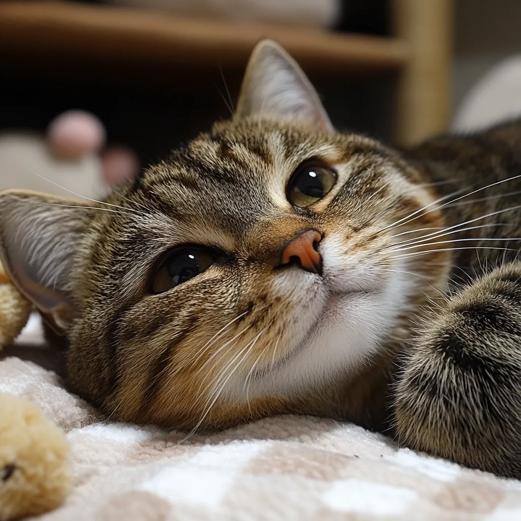 A close-up shot of a tabby cat lying on a soft, light-colored blanket.  The cat's face is prominently featured, showcasing its expressive eyes and relaxed demeanor.  Its fur is a mix of brown and black, and its paws are visible. The background is blurred, suggesting a cozy and comfortable indoor setting.  The overall impression is one of warmth and contentment.