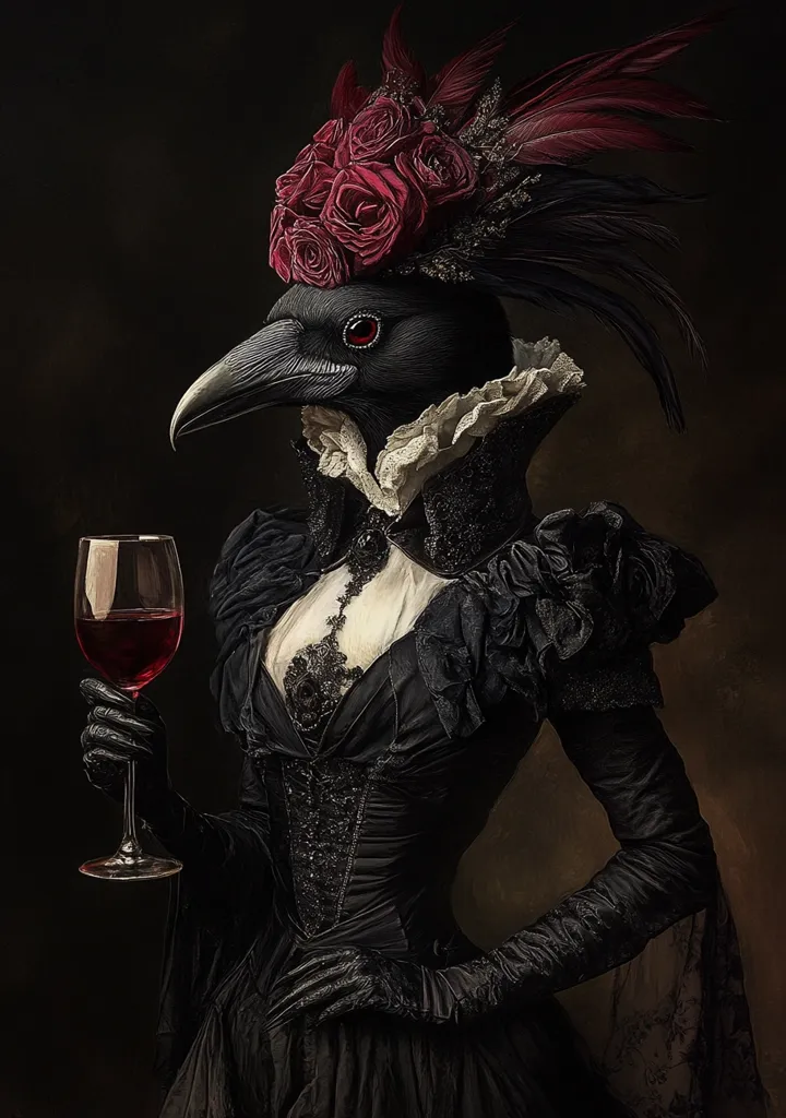 A dark, gothic-style portrait depicts a crow-headed woman in an elegant black gown.  She wears a crown of dark red roses and long black gloves.  Her expression is serene as she holds a glass of red wine. The overall mood is mysterious and captivating, with rich textures and dramatic lighting. The image is highly stylized, blending fantasy and Victorian aesthetics.
