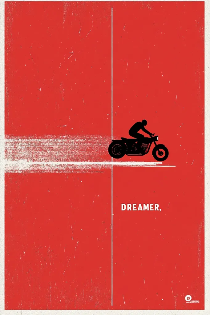 A minimalist poster in vibrant red features a black silhouette of a person riding a motorcycle, leaving a white trail suggesting speed. The word "DREAMER," is printed below, conveying a sense of freedom and aspiration.  The textured red background adds a vintage feel. The design is simple yet impactful, evoking a feeling of adventure and open roads.