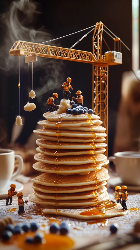 Miniature construction workers use a tiny crane to build a towering stack of pancakes drizzled with honey and topped with blueberries and butter.  The scene is whimsical and detailed, showing the workers at various stages of construction.  The pancakes are golden brown and appear delicious.  The overall effect is playful and imaginative.