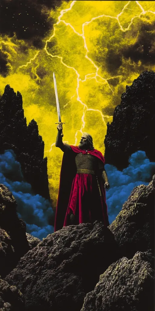 A powerful, bearded warrior king stands atop a rocky crag, his red cloak billowing. He raises a gleaming sword towards a stormy, yellow sky filled with jagged lightning.  Dark, imposing mountains flank him, creating a dramatic, otherworldly scene. The image suggests a moment of triumph, defiance, or possibly impending conflict.  The overall tone is one of epic fantasy.