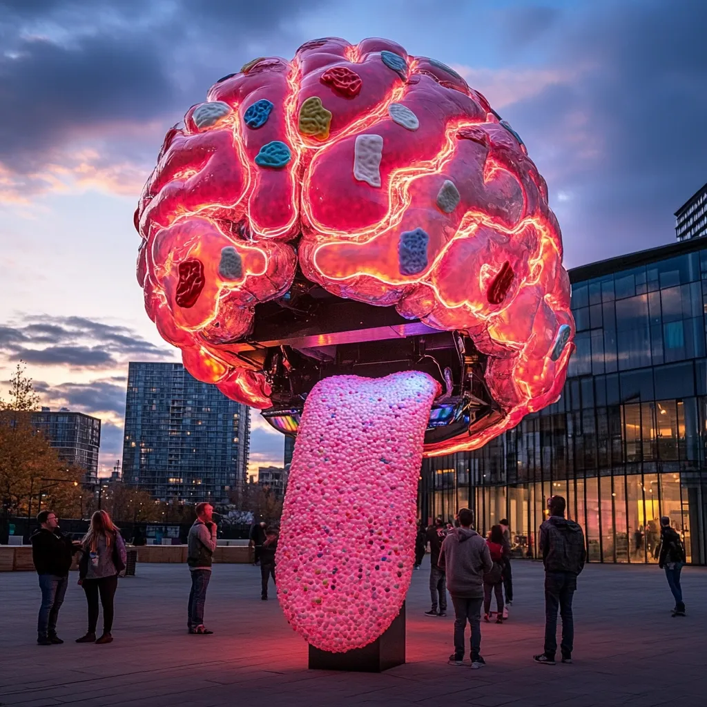 A large, illuminated sculpture resembling a brain with a long, textured tongue is the centerpiece of a city square. The brain is pink and translucent, with embedded colorful elements.  People stand around the base, observing the striking artwork against the backdrop of modern buildings and a twilight sky. The overall effect is surreal and captivating.