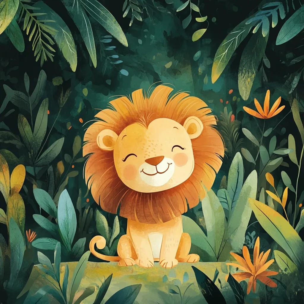 A cheerful, cartoon lion cub sits amidst lush, vibrant jungle foliage.  Its joyful expression and warm colors contrast beautifully with the deep green background.  The style is whimsical and charming, creating a serene and inviting scene.  Orange flowers add pops of color to the leafy surroundings.