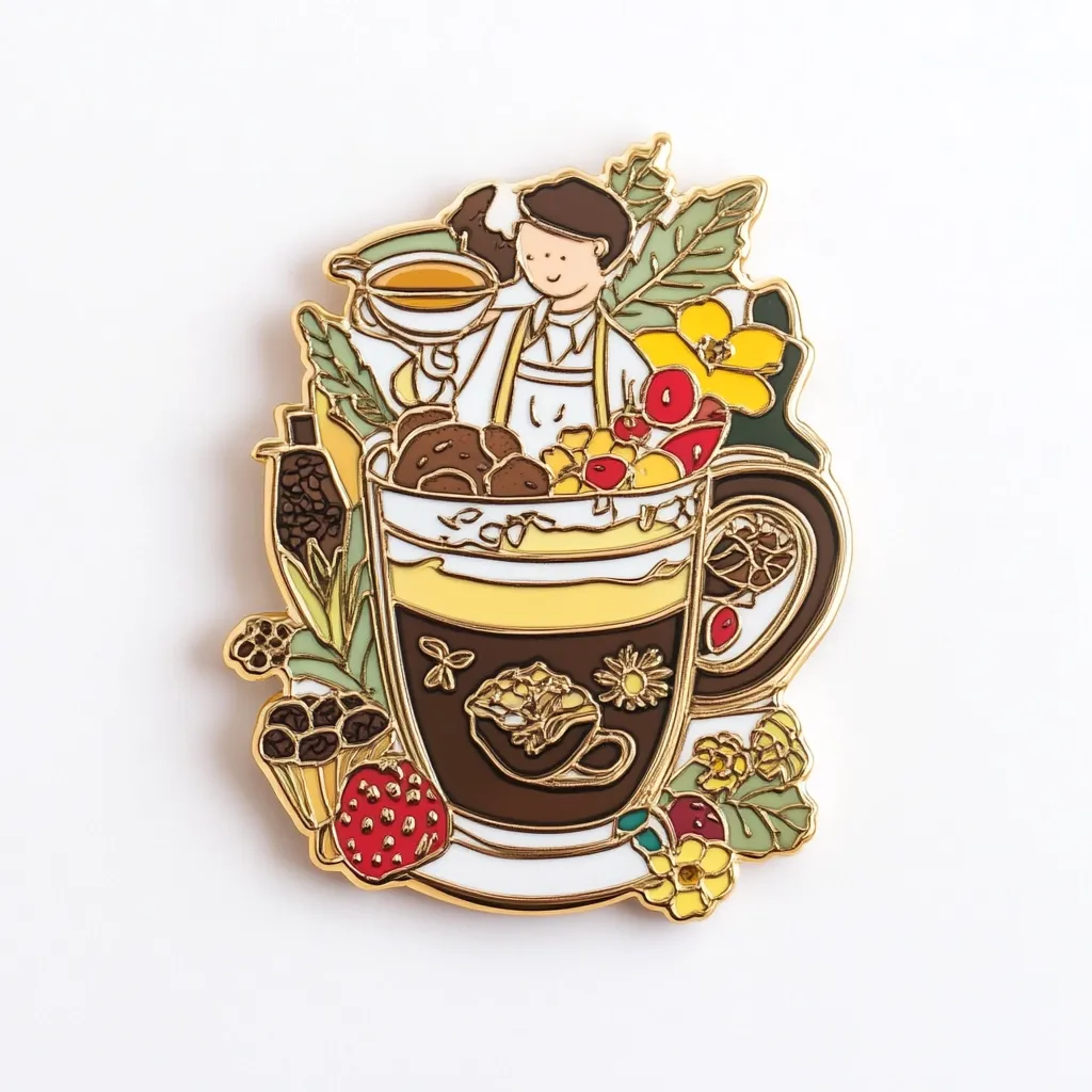 A gold-toned enamel pin depicts a whimsical illustration of a large coffee mug overflowing with various fruits, flowers, and chocolates. A small barista figure adds a golden liquid to the top.  The detailed design features vibrant colors and intricate linework, suggesting a handcrafted, artisanal beverage. The overall aesthetic is charming and slightly whimsical.