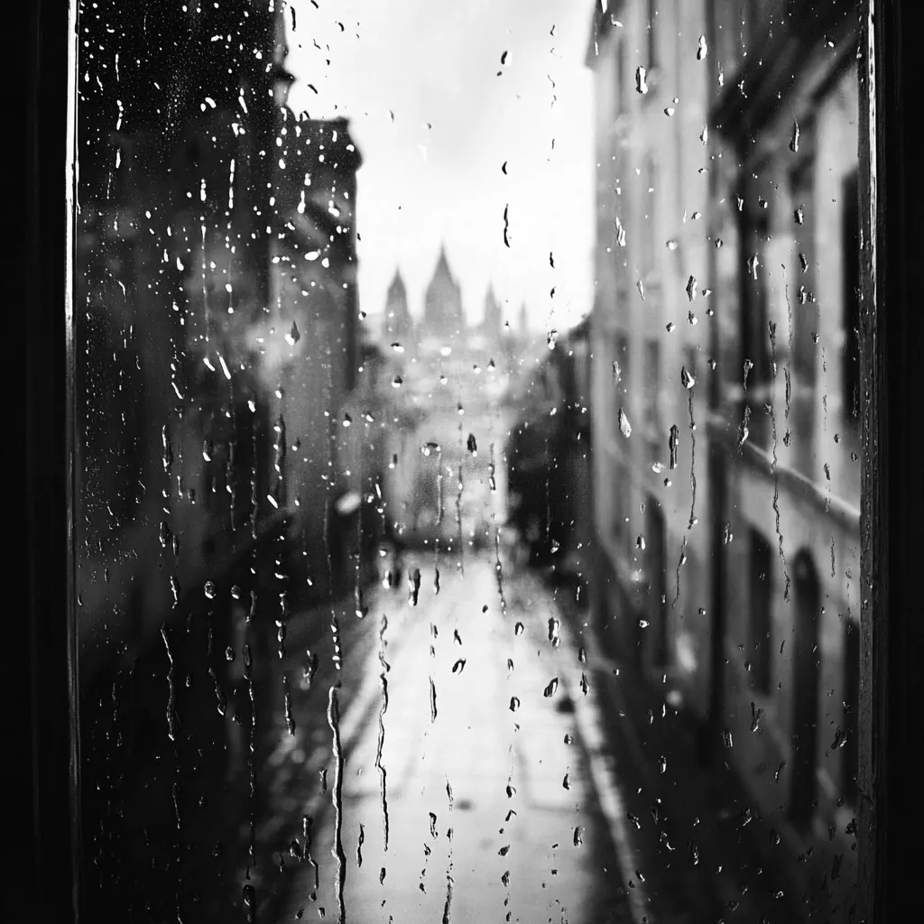 A black and white photograph shows a rainy city street scene viewed through a rain-streaked window.  The raindrops obscure the view, creating a blurry effect.  Buildings line the street, with a glimpse of what appears to be a church or similar structure in the distance. The overall mood is somber and atmospheric.