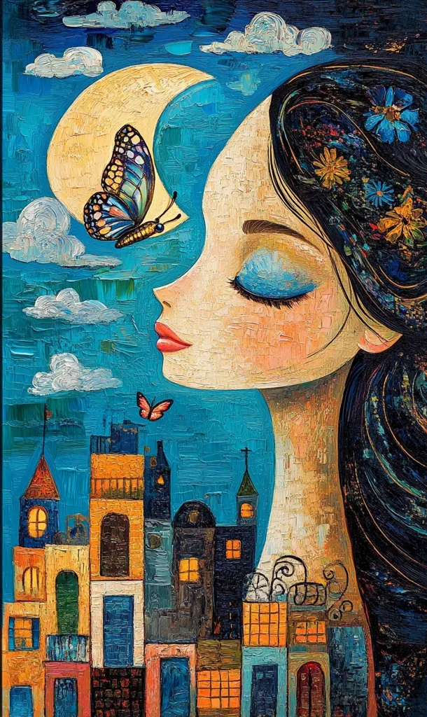 A vibrant painting features a woman's profile against a twilight sky. Her eyes are closed, suggesting serenity.  A large butterfly flits near a crescent moon.  A whimsical cityscape with colorful buildings is depicted below, creating a dreamy, almost surreal atmosphere. The impasto technique adds texture and depth to the artwork.