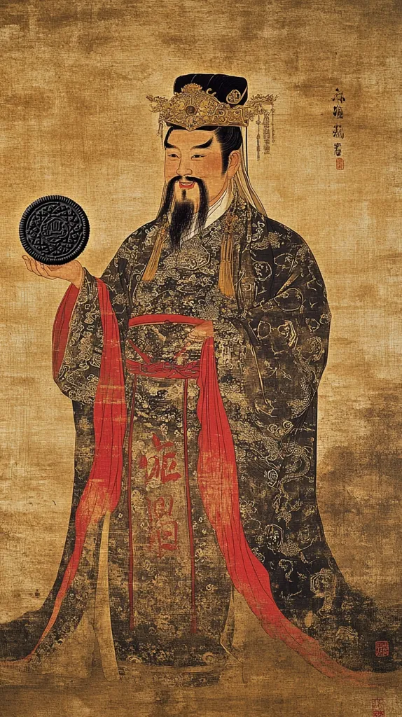 A stylized portrait depicts a regal figure, possibly an emperor or high-ranking official, in elaborate traditional Chinese attire.  The individual is adorned with a headdress and robes richly decorated with intricate patterns and gold accents.  Unusually, the figure holds a single Oreo cookie, creating a striking juxtaposition of ancient and modern imagery.  The artwork's aged texture suggests an antique painting or print.