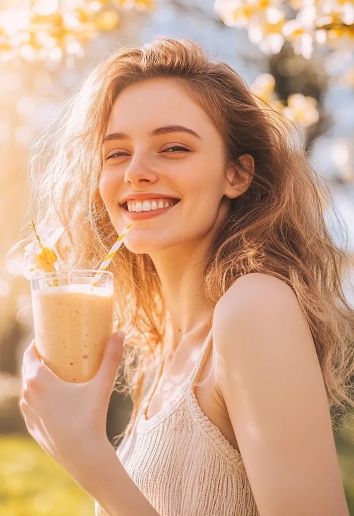 A young woman with long, wavy blonde hair smiles brightly as she holds a creamy, light-colored smoothie in a glass.  The drink is garnished with a small piece of fruit.  She is wearing a light beige, sleeveless top and is outdoors in a sunny setting with a blurred background of blossoming trees.  The overall mood is cheerful and carefree.