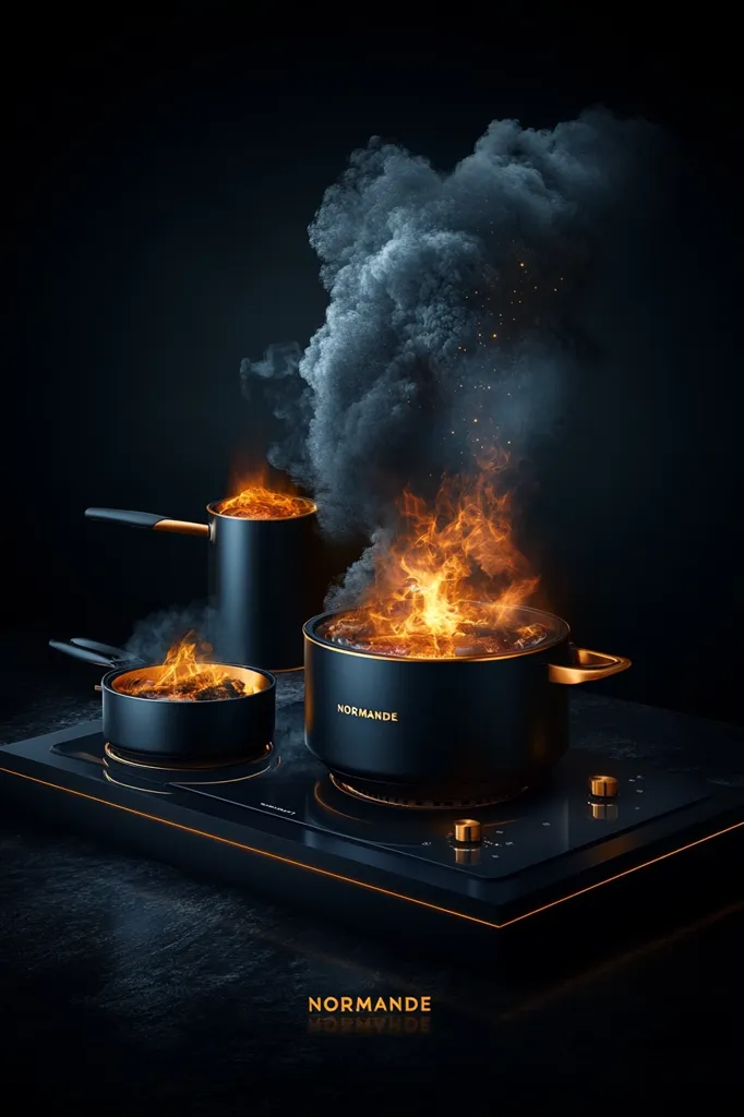 A dramatic image showcases a black and gold Normandie kitchen set. Three pots, varying in size, sit on a sleek induction cooktop.  Flames erupt from the pots, with a large plume of smoke rising above, creating a visually striking scene of intense heat and culinary passion.  The brand name "Normande" is subtly displayed, emphasizing the luxurious design.