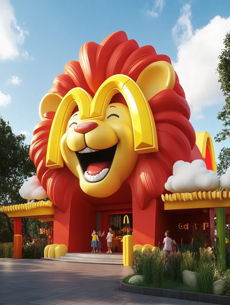 A vibrant McDonald's restaurant is depicted, designed as a giant, smiling lion's head.  The golden arches are integrated into the lion's face, creating a playful and whimsical atmosphere.  Customers stand before the entrance, adding a sense of scale to the enormous structure. Lush landscaping surrounds the building, completing the cheerful and inviting scene.