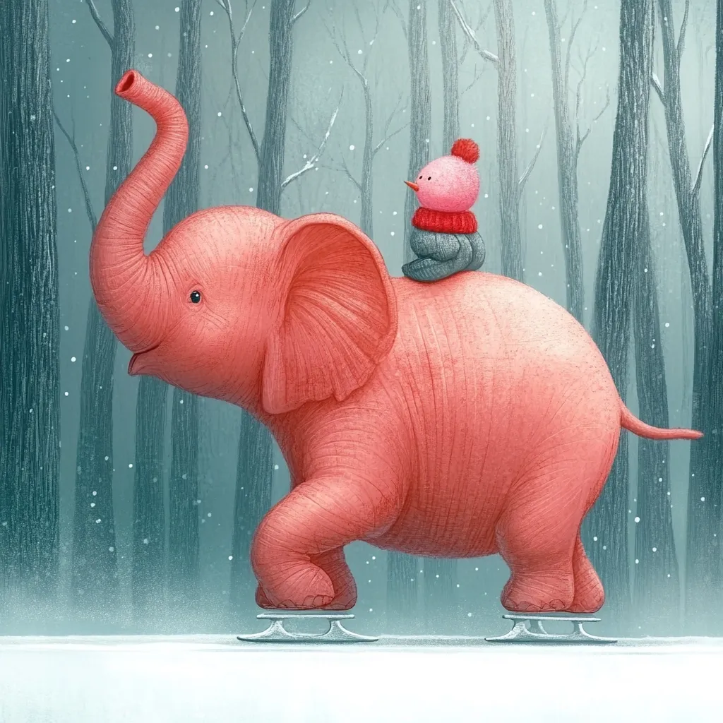A charming illustration depicts a rosy-pink elephant ice-skating through a snowy forest.  A small bird, wearing a red knitted hat and scarf, sits perched on the elephant's back.  The scene evokes a sense of whimsical winter adventure, with delicate snowflakes falling softly around the pair.  The muted color palette enhances the peaceful atmosphere of the forest.