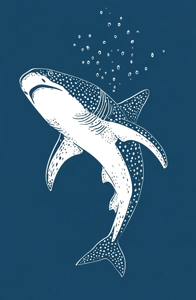 A stylized white whale shark swims upwards against a deep blue background.  Its spotted body is detailed with meticulous linework.  Small white circles, suggesting bubbles, rise from the shark's mouth, adding to the aquatic scene's peaceful atmosphere. The illustration is reminiscent of a vintage nature print.
