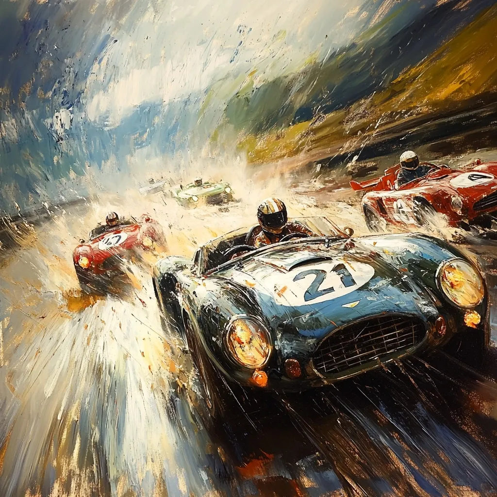 A vibrant oil painting depicts a thrilling vintage car race.  The number 21 car leads the pack, splashing through a rain-soaked track.  Other classic racing cars, red and green, follow closely behind, creating a dynamic sense of speed and competition.  The impasto style adds texture and energy to the scene, emphasizing the motion and excitement of the race.  The background suggests a mountainous landscape under a stormy sky.