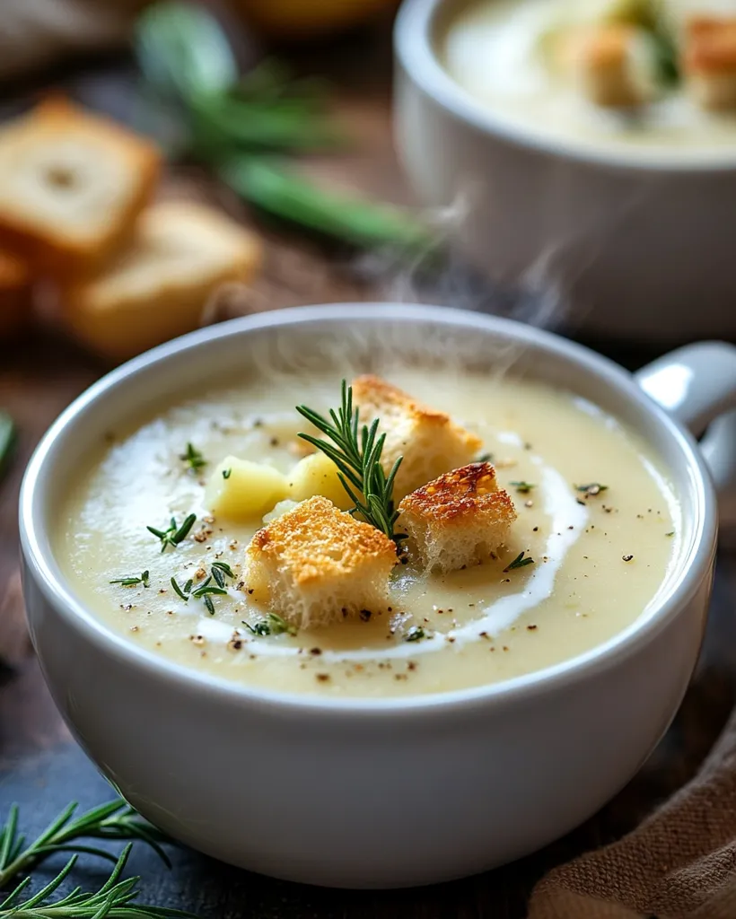 A steaming bowl of creamy potato soup is garnished with toasted croutons and fresh rosemary.  The soup is served in a white bowl, and a second bowl of soup is blurred in the background.  Small pieces of toasted bread are visible near the foreground, suggesting homemade croutons. The overall scene is warm and inviting, suggesting a comforting meal.