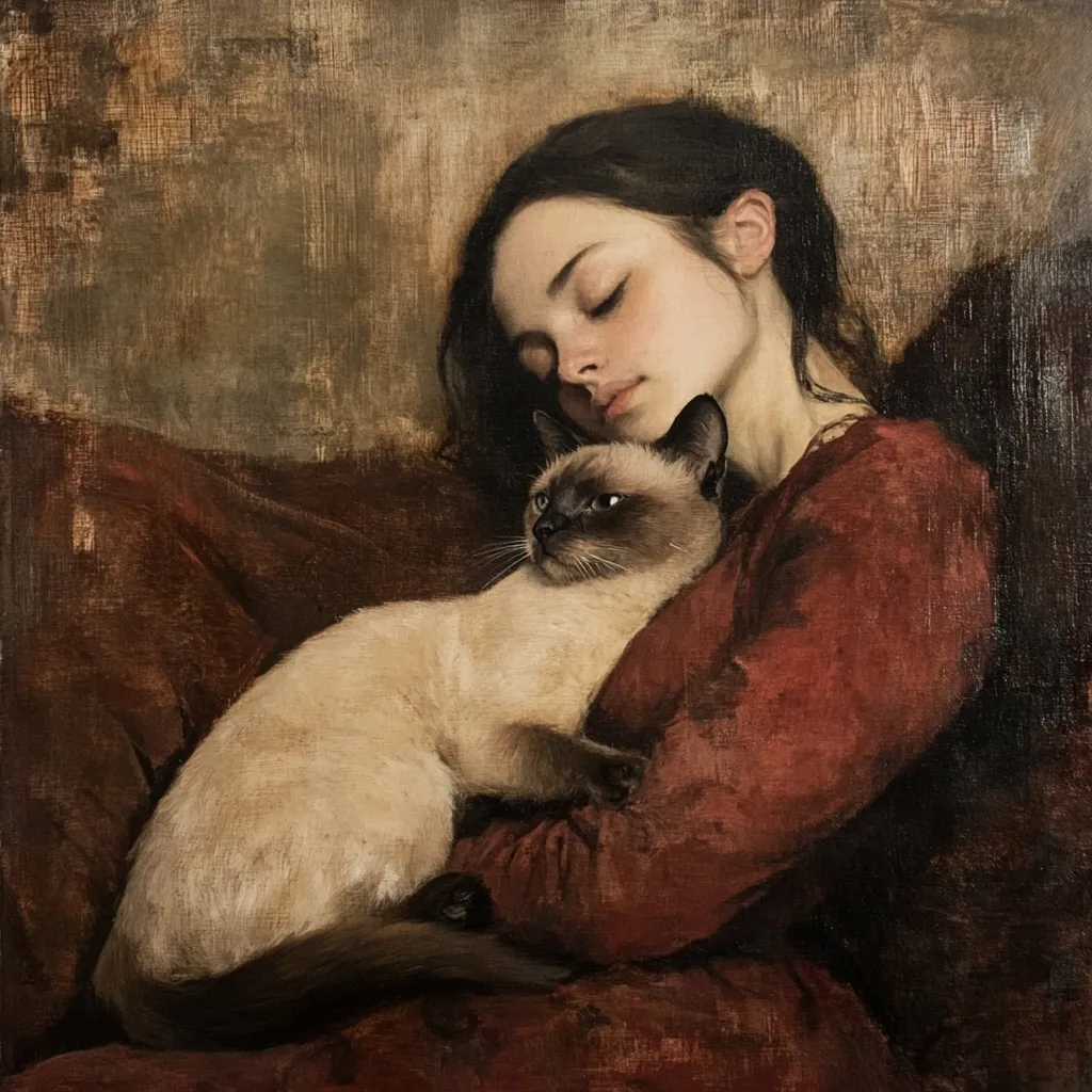 A young woman with dark hair rests on a maroon couch, her eyes closed, peacefully holding a Siamese cat.  The painting is rendered in rich, earthy tones, with a focus on texture and subdued light. The woman's expression is serene, reflecting a quiet intimacy with her feline companion. The overall mood is one of calm contemplation and gentle affection.