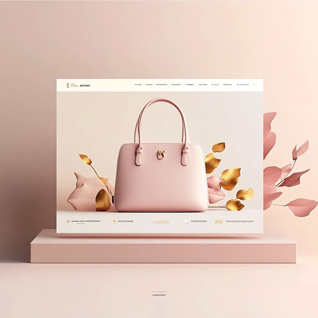 A minimalist website design showcases a pale pink handbag.  The bag rests on a pale pink platform against a similarly colored background, accented by gold leaf details. The website header displays "Anna Auctions" and navigation links.  The overall aesthetic is clean, elegant, and luxurious, focusing attention on the featured handbag.  Social media icons are subtly placed at the bottom.
