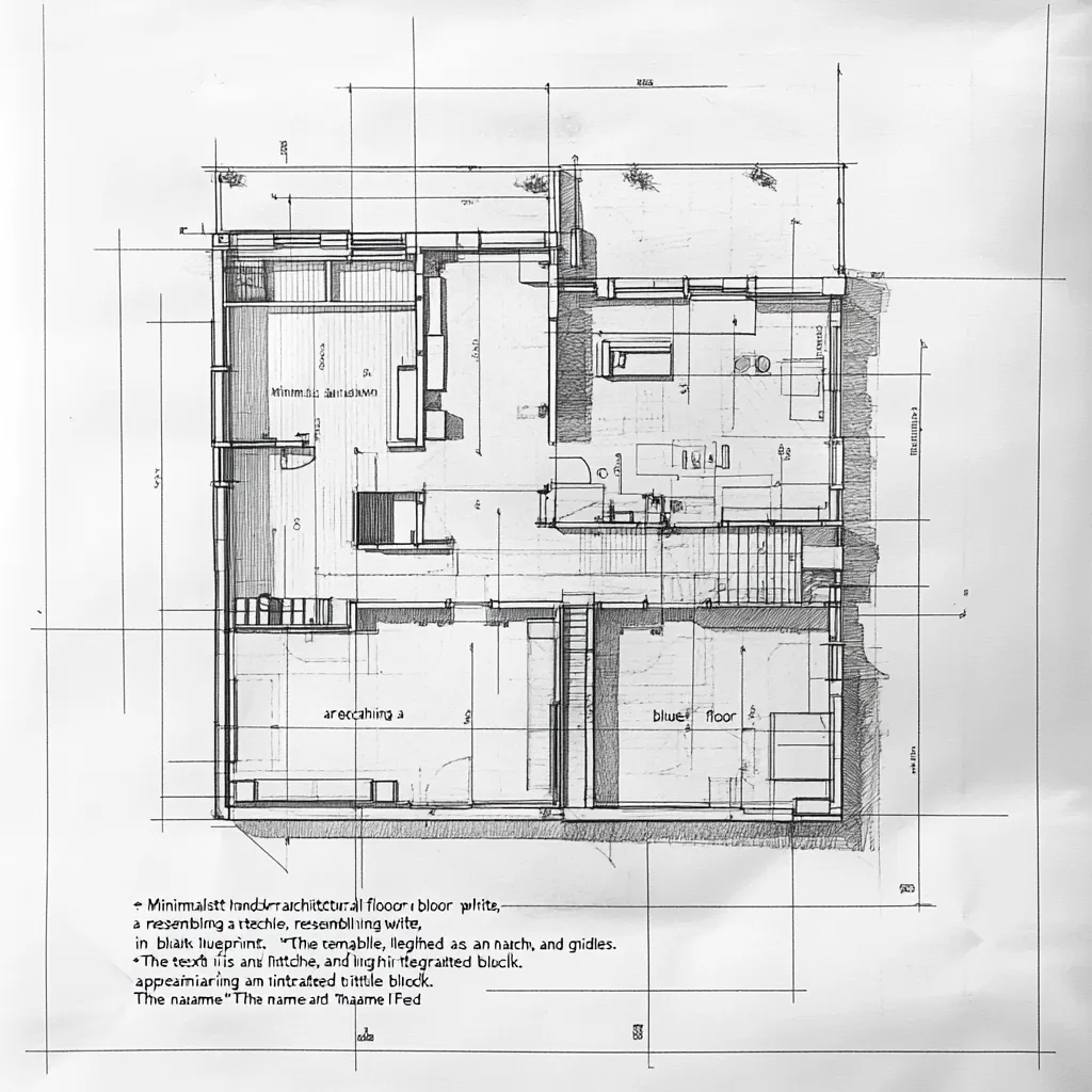 This is a minimalist hand-drawn architectural floor plan, rendered in black and white, resembling a blueprint.  The layout features a kitchen, staircase, and various rooms.  The style is clean and simple, with the text integrated into the design.  Details include notes about the style, materials, and name of the design.