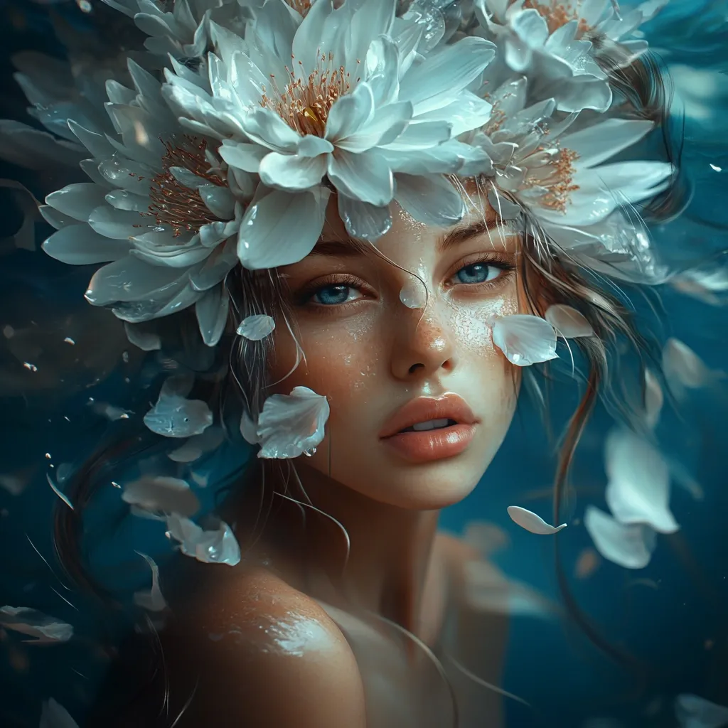 A young woman with ethereal beauty is depicted, adorned with a crown of large, glistening white flowers. Water droplets cling to her skin and the petals, suggesting a submerged or aquatic setting.  Her light brown hair flows around her, and her blue eyes gaze directly at the viewer. The overall mood is serene and mystical.