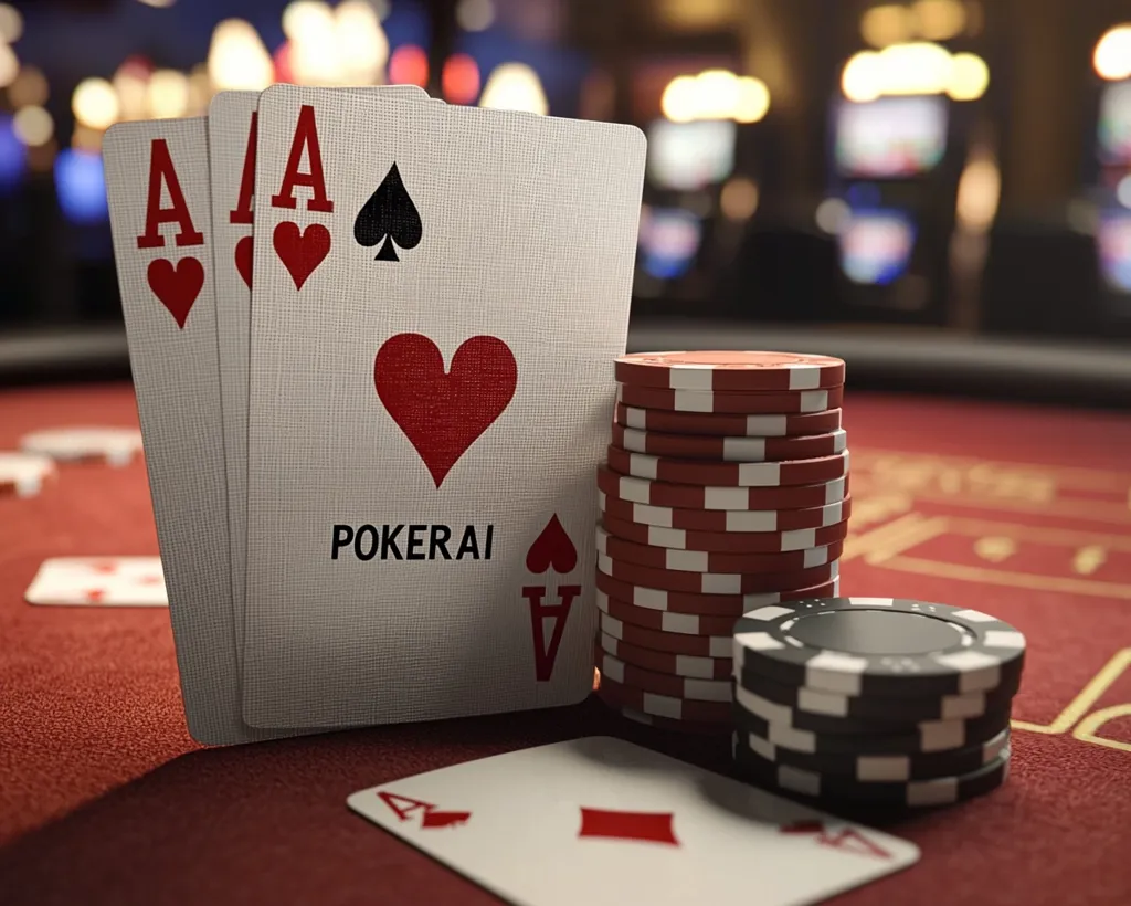 Three aces and a stack of poker chips sit on a felt-covered poker table.  The background is blurred, showing a casino setting. One card prominently displays "POKERAL" indicating a poker game. The scene depicts a high-stakes poker hand, emphasizing the thrill and tension of the game.  Red and black chips are visible, suggesting a significant pot.