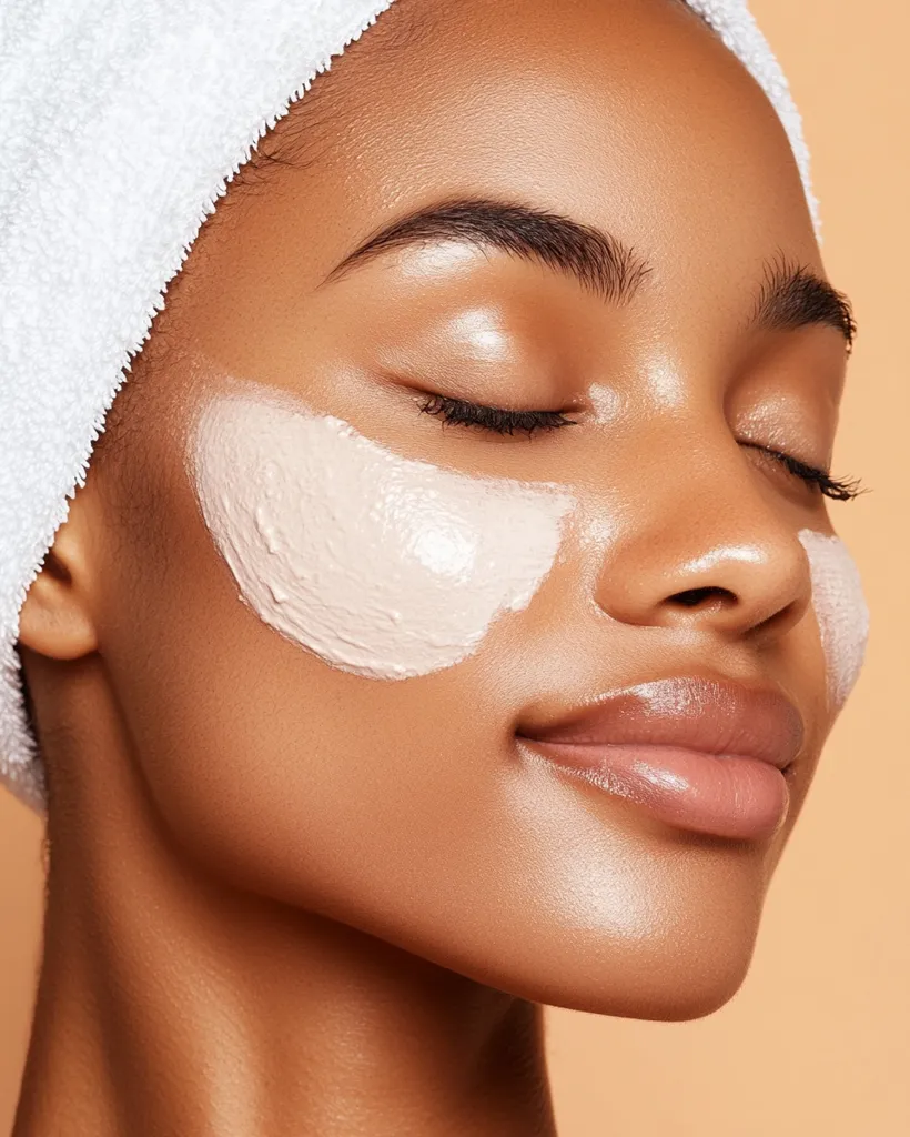 Close-up of a young woman with a white towel wrapped around her head, applying a light beige face mask.  Her eyes are closed, and the mask is visible on her cheeks.  The skin appears smooth and healthy, with a soft, natural glow. The overall image conveys a sense of relaxation and skincare self-care.