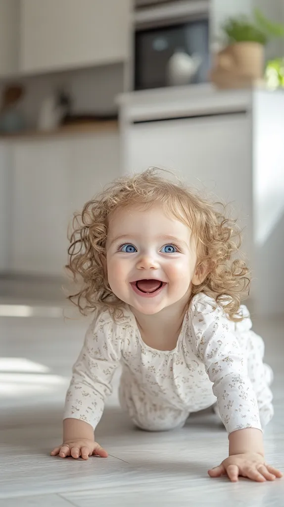 A cheerful baby with curly blonde hair and bright blue eyes crawls on a light-colored floor.  The baby is wearing a white floral onesie and has a wide, joyful smile. The background is a blurred kitchen, suggesting a home environment. The image evokes feelings of warmth, happiness, and innocence.