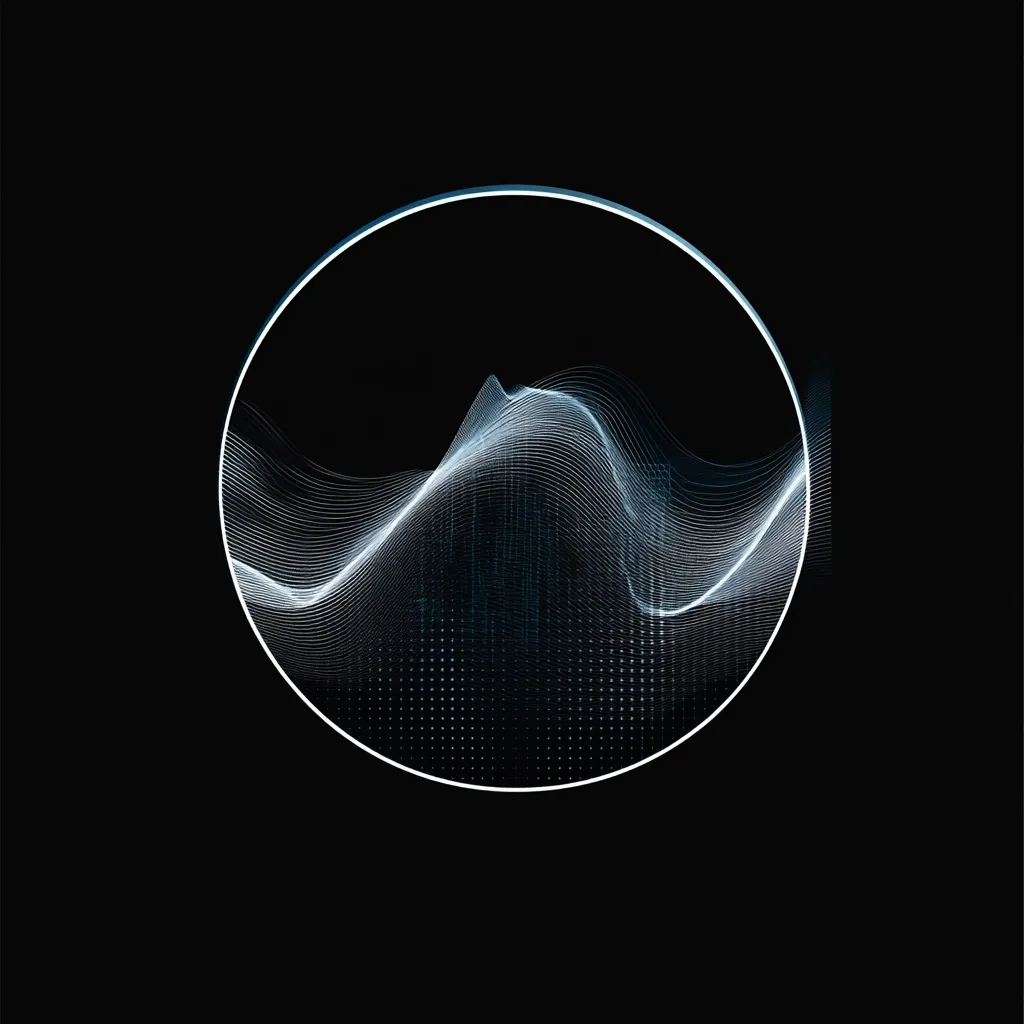 A minimalist abstract design features a white circular frame against a black background.  Within the circle, delicate, flowing white lines create a wave-like pattern, resembling a stylized landscape or data visualization.  The lines subtly transition into a granular texture at the base, suggesting depth and complexity. The overall effect is sleek and modern, evoking themes of technology and fluidity.