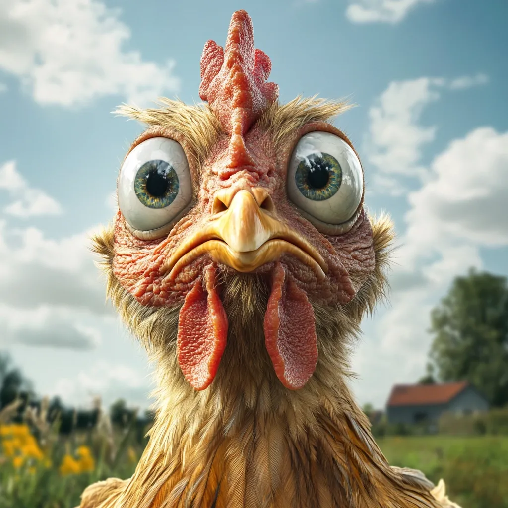 A close-up shot reveals a comical, cartoonish chicken.  Its oversized eyes bulge comically, and its expression is one of mild surprise or concern. The chicken's plumage is a light brown, and its wattle and comb are a vibrant red.  The background is a softly blurred rural scene with a farmhouse and green field under a partly cloudy sky.