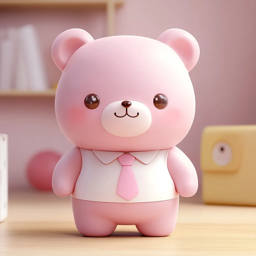 A cute, pink, cartoon teddy bear is depicted in a 3D rendering.  The bear is wearing a miniature white shirt and pink tie, giving it a business-like appearance.  Its large eyes and rosy cheeks enhance its adorable charm. The bear stands on a light wood surface, with a blurred background suggesting a pastel-colored room.