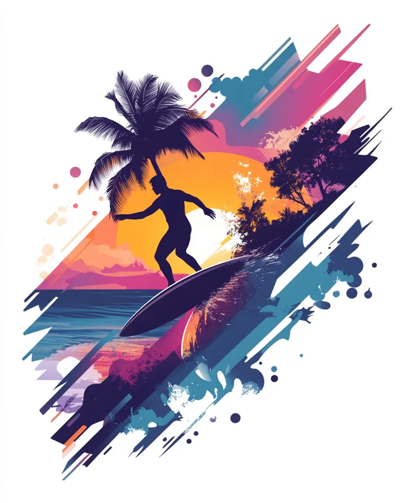 A stylized illustration depicts a surfer silhouetted against a vibrant sunset.  Palm trees and a tropical beach form the backdrop, enhanced by bold, abstract brushstrokes and splashes of color. The overall effect is energetic and captures the spirit of surfing and tropical paradise.  The design is dynamic and visually striking.
