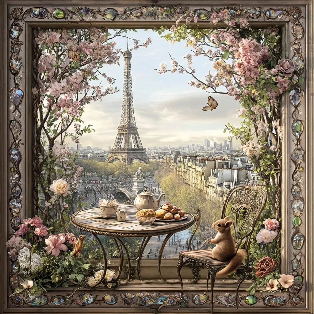 A whimsical scene unfolds within an ornate frame.  A Parisian cityscape, dominated by the Eiffel Tower, is viewed through a window adorned with blooming cherry blossoms. A small table set for tea sits beside an intricately designed chair, where a squirrel sits observing the view.  Delicate flowers and a small bird add to the enchanting, dreamlike atmosphere.