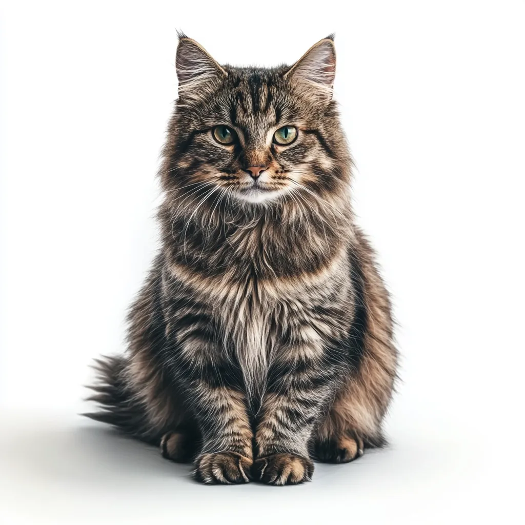 A long-haired tabby cat sits facing the camera against a white background.  Its fur is predominantly brown and black, with lighter markings on its chest and face.  The cat has striking green eyes and a calm, serious expression. Its fluffy tail is visible behind it. The overall image is clean and well-lit, highlighting the cat's luxurious coat.