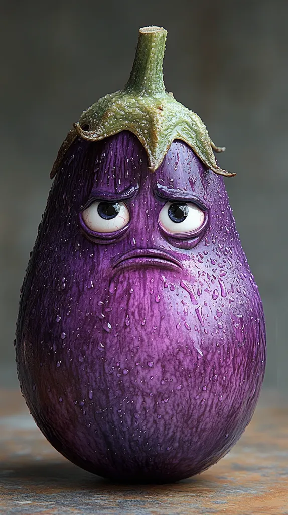 A close-up shot reveals a digitally rendered eggplant, meticulously detailed with water droplets.  Its anthropomorphic features—large, expressive eyes and a downturned mouth—convey a melancholic expression. The eggplant's deep purple hue and glossy surface are accentuated by the contrasting green of its stem.  The overall effect is a whimsical and slightly unsettling portrayal of a common vegetable.