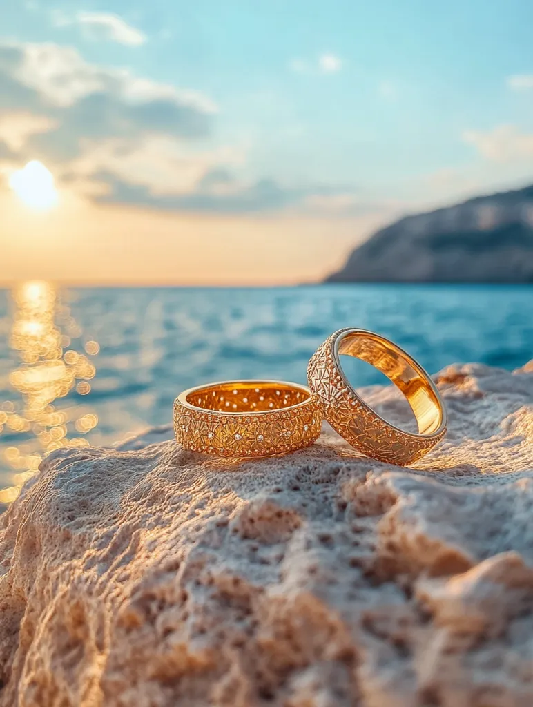 Two intricately designed gold wedding bands rest on a light-colored rock, overlooking a tranquil sea at sunset. The golden hour light casts a warm glow on the rings and the water, creating a romantic and serene atmosphere. The background features a calm ocean and a distant coastline, enhancing the peaceful ambiance of the scene.  The image evokes feelings of love, commitment, and tranquility.