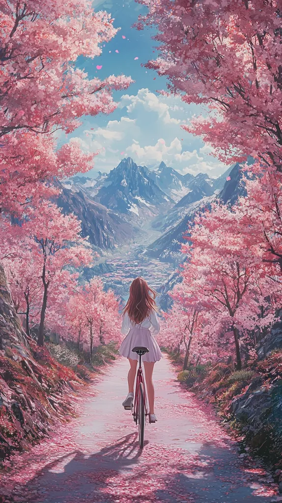 A young woman with long brown hair cycles down a path lined with blossoming pink cherry trees.  Falling petals scatter the ground, creating a romantic atmosphere.  In the distance, majestic snow-capped mountains rise, forming a breathtaking backdrop to this idyllic scene. The overall style is dreamy and serene.