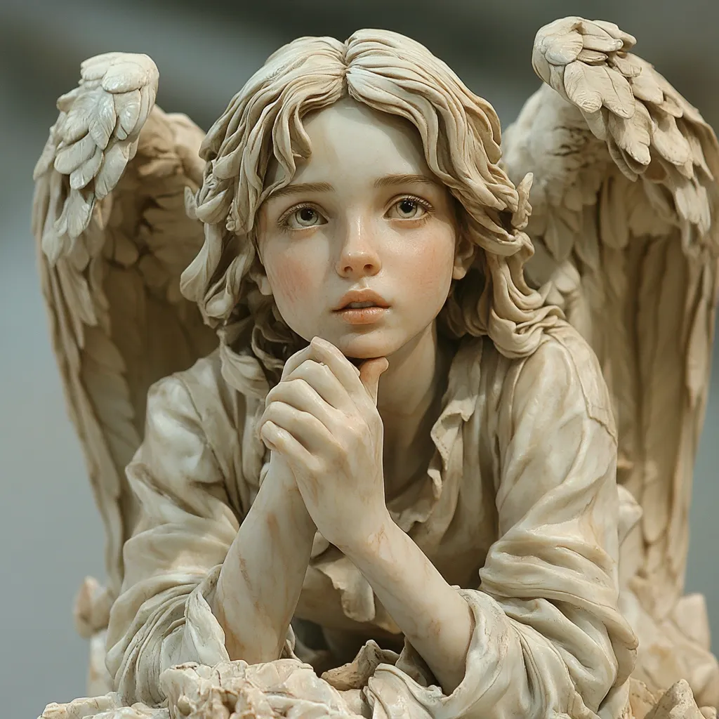 A meticulously detailed sculpture depicts a cherubic angel, its wings delicately rendered. The angel, with a youthful face and expressive eyes, rests its chin on its hands in a contemplative pose.  The statue's soft, pale coloring and the intricate detail of its clothing and feathered wings create a serene and ethereal atmosphere. The overall impression is one of gentle beauty and quiet contemplation.